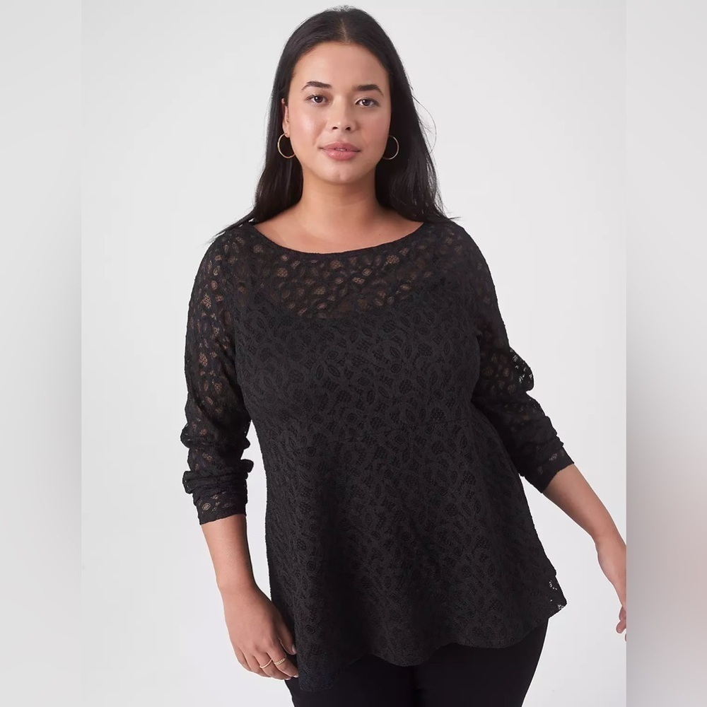NWT Lane Bryant Black Classic Boatneck Peplum Sheer Lace Top plus size 14